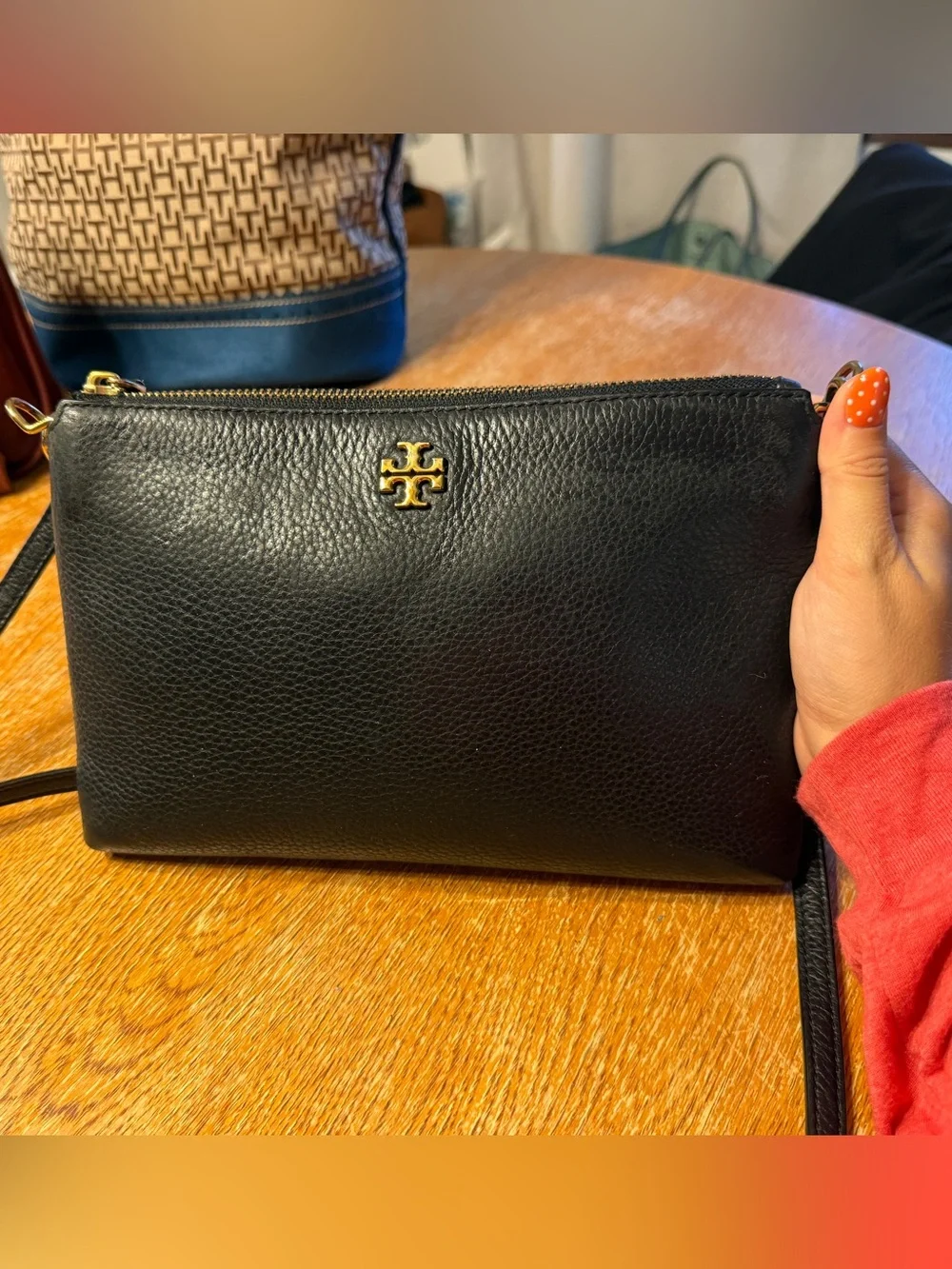 Tory Burch Black Pebbled Leather Wristlet with Gold Logo